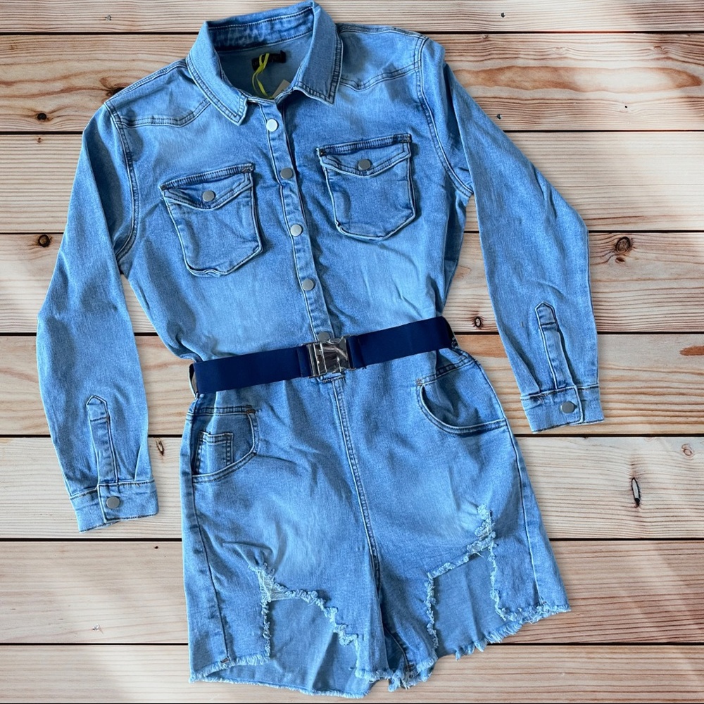 Denim distressed jumpsuit